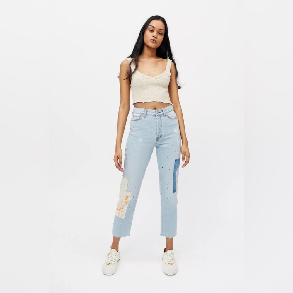 BDG High-Waisted Slim Straight Jean – Floral Patchwork Size 28 Ankle Raw Hem